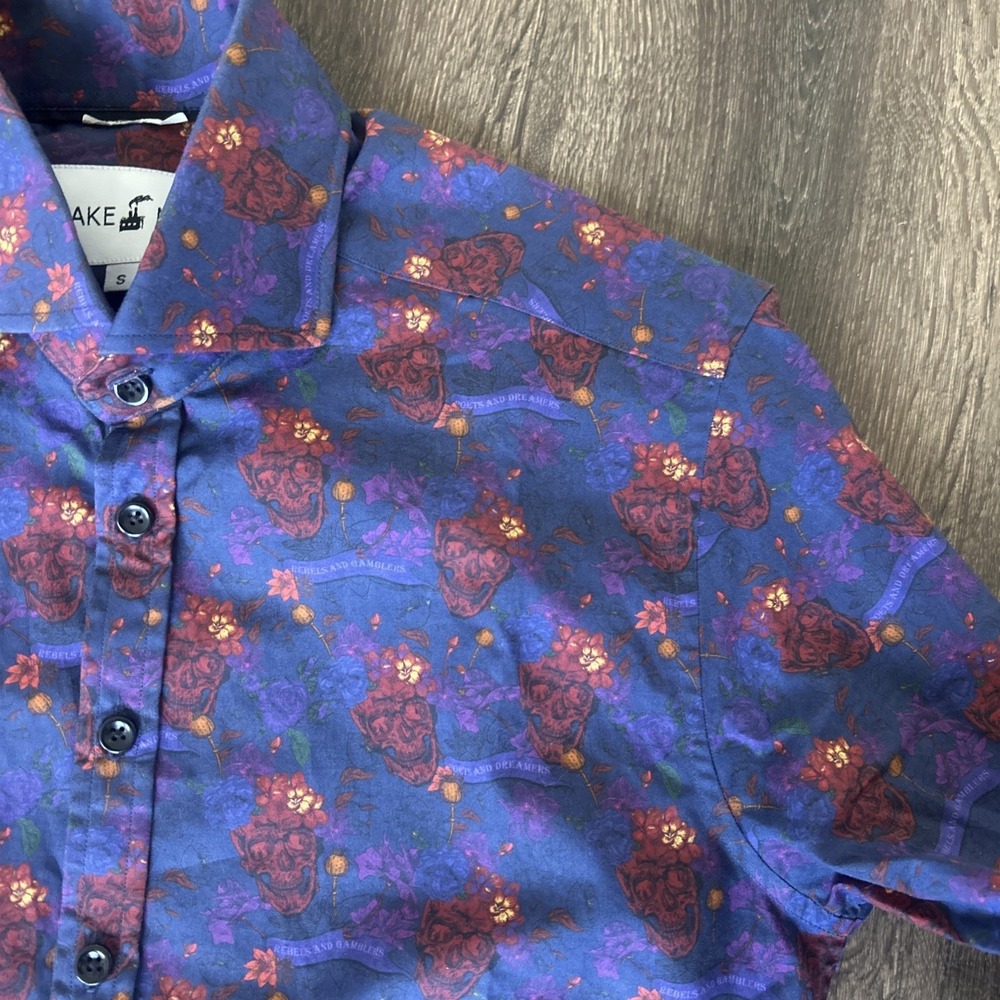 Blake Mill Men's Small Floral SKULLS Cotton Button Down Shirt Rebels And Gambler